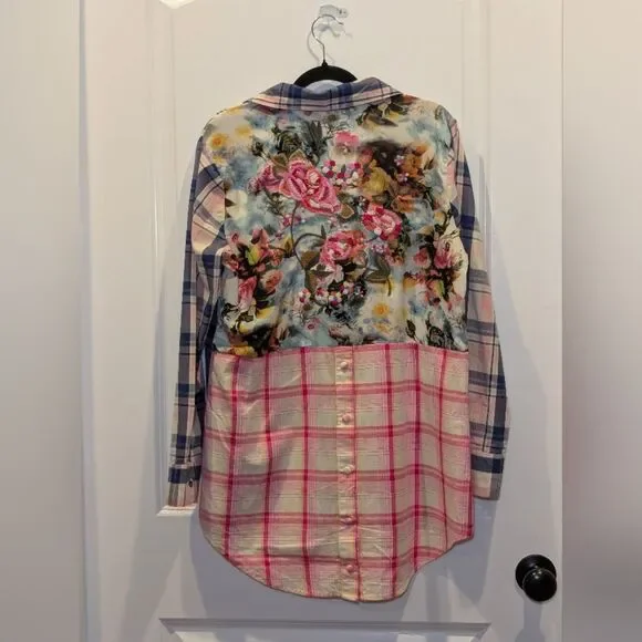 Soft Surroundings Plaid Floral Embroidered Button Down Tunic Small 100% Cotton - Picture 8 of 9